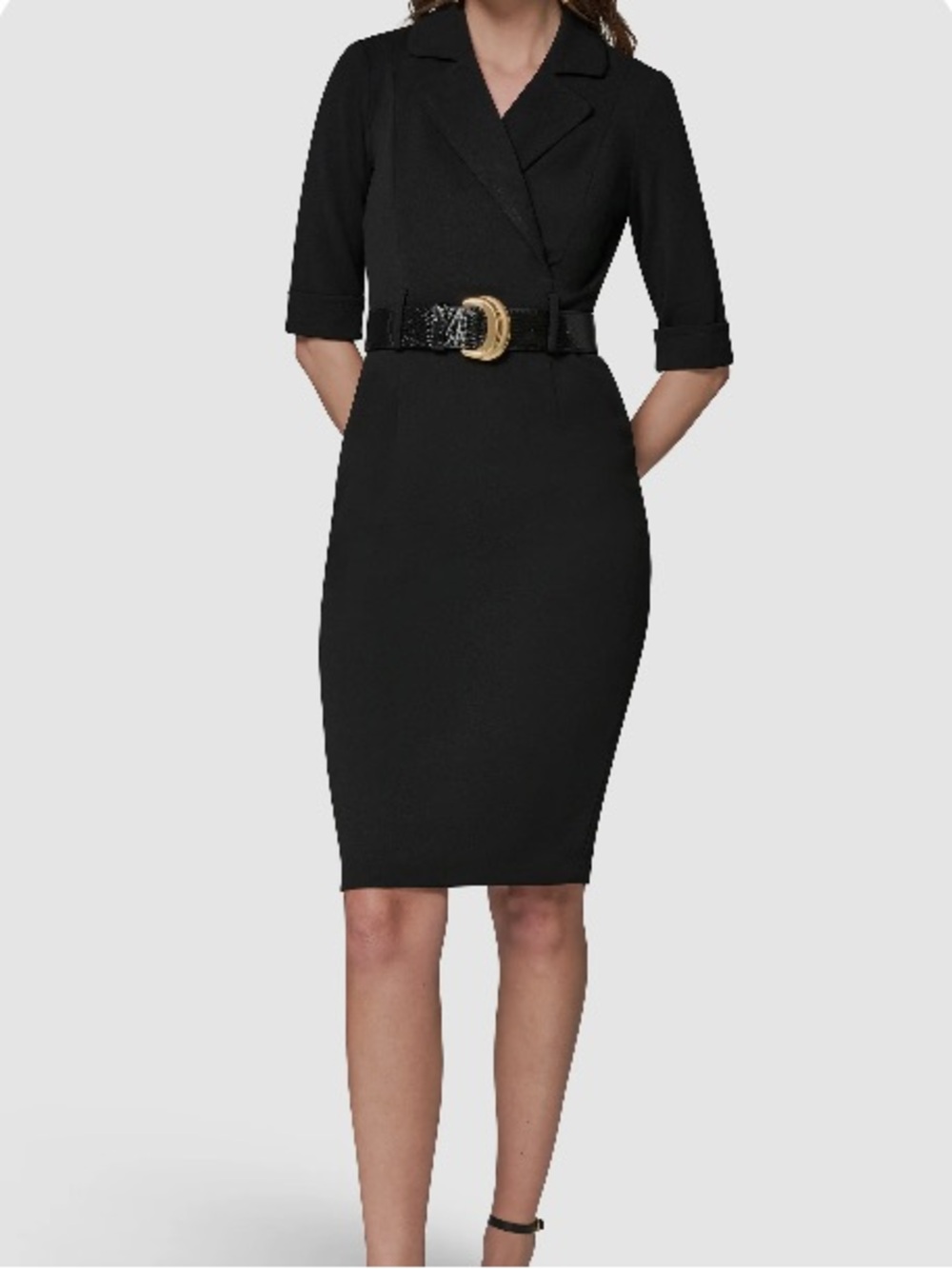 Donna Karan Black Midi Dress with Belted Waist